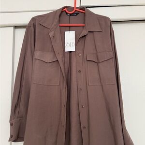 ZARA Mauve-Brown Oversized Collared Shirt Jacket